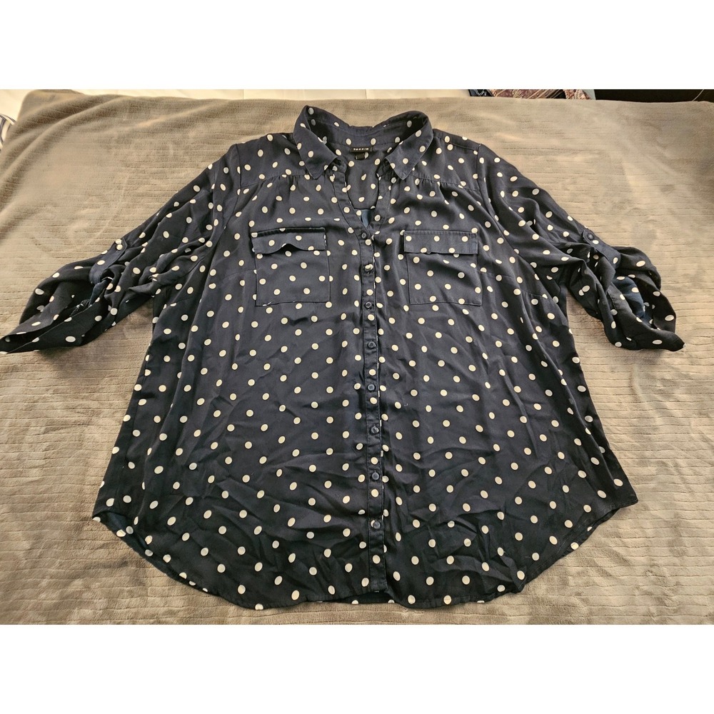 Torrid Navy Blue Polka Dot Roll Tab Sleeve Button Up Blouse Top Plus Size 3